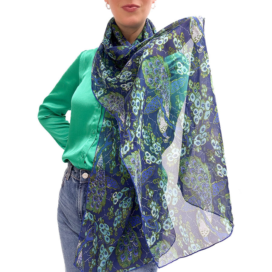 Art Nouveau Peacock Silk Chiffon Scarf - With Model