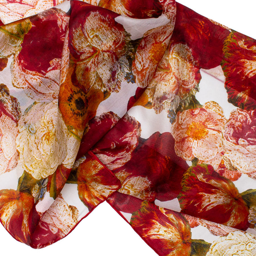 16th Century Red Flowers Silk Habotai Scarf - Detail