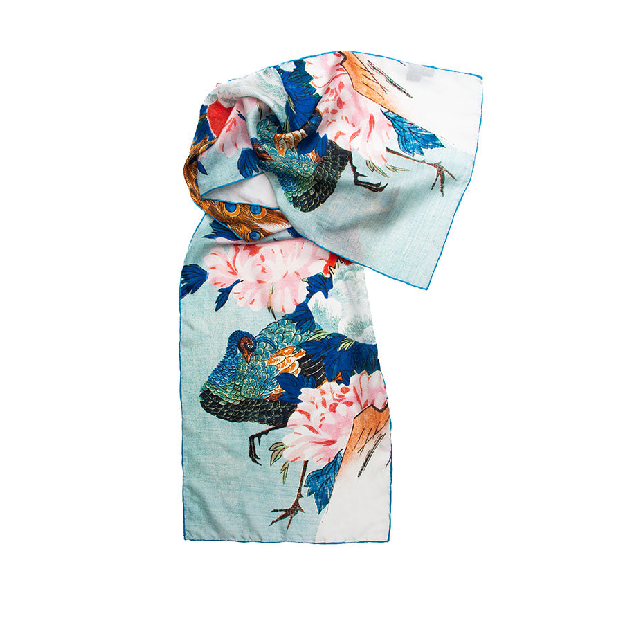 Hiroshige Peacock Silk Habotai Scarf - Detail
