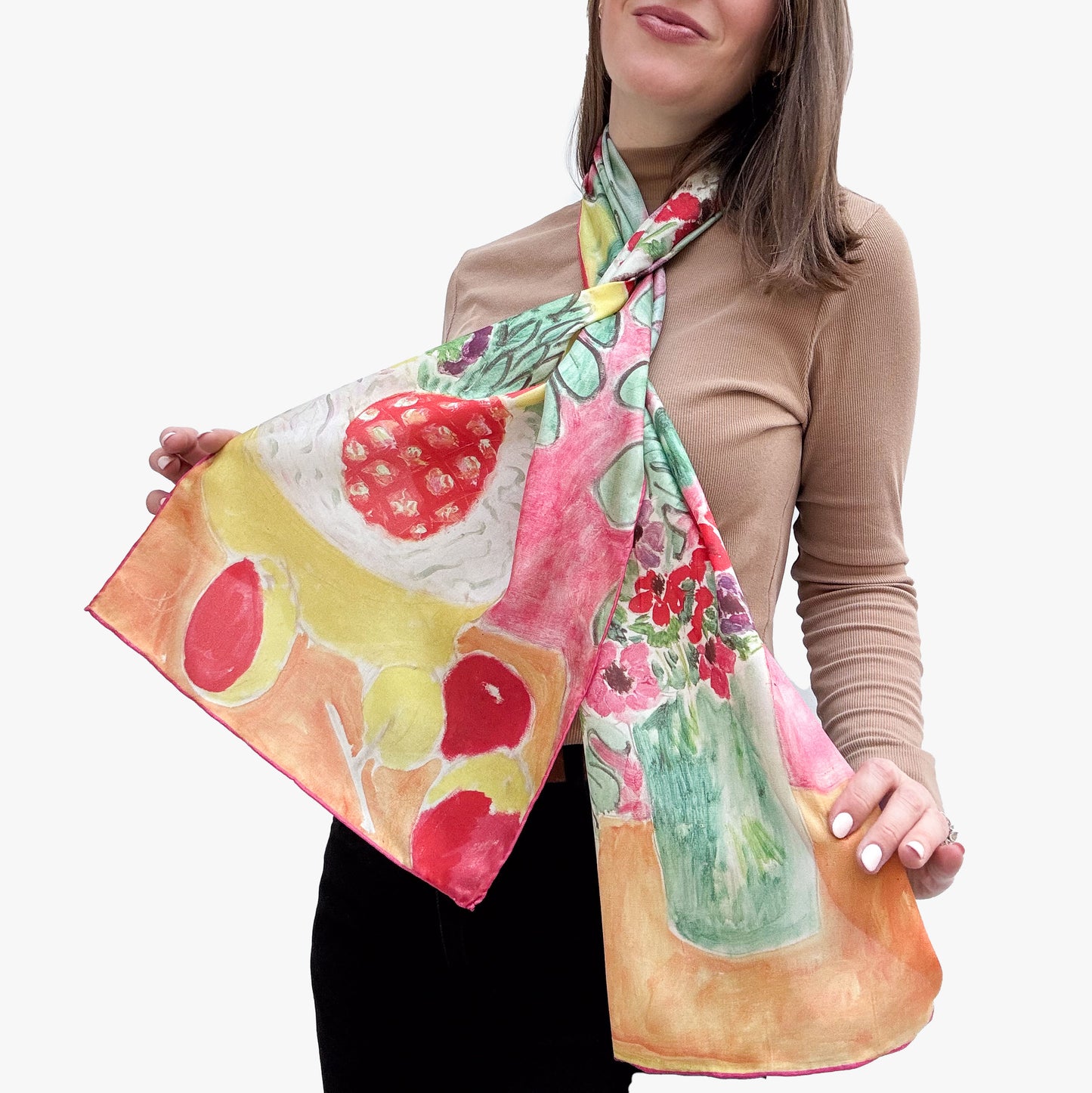 Matisse Pineapple & Flowers Silk Habotai Scarf - Model 3