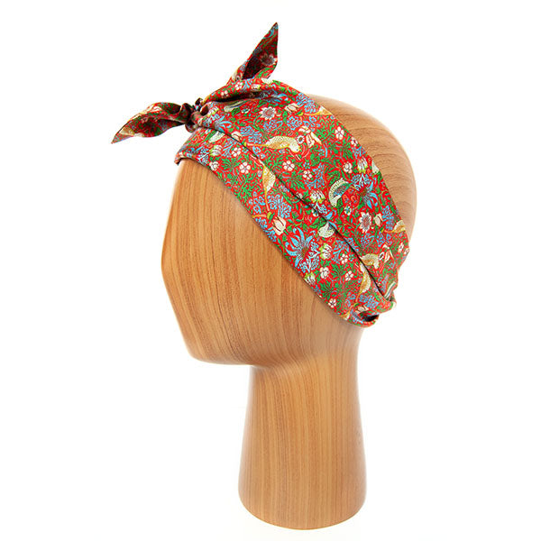 Morris Strawberry Thief Red Skinny Silk Scarf as headband
