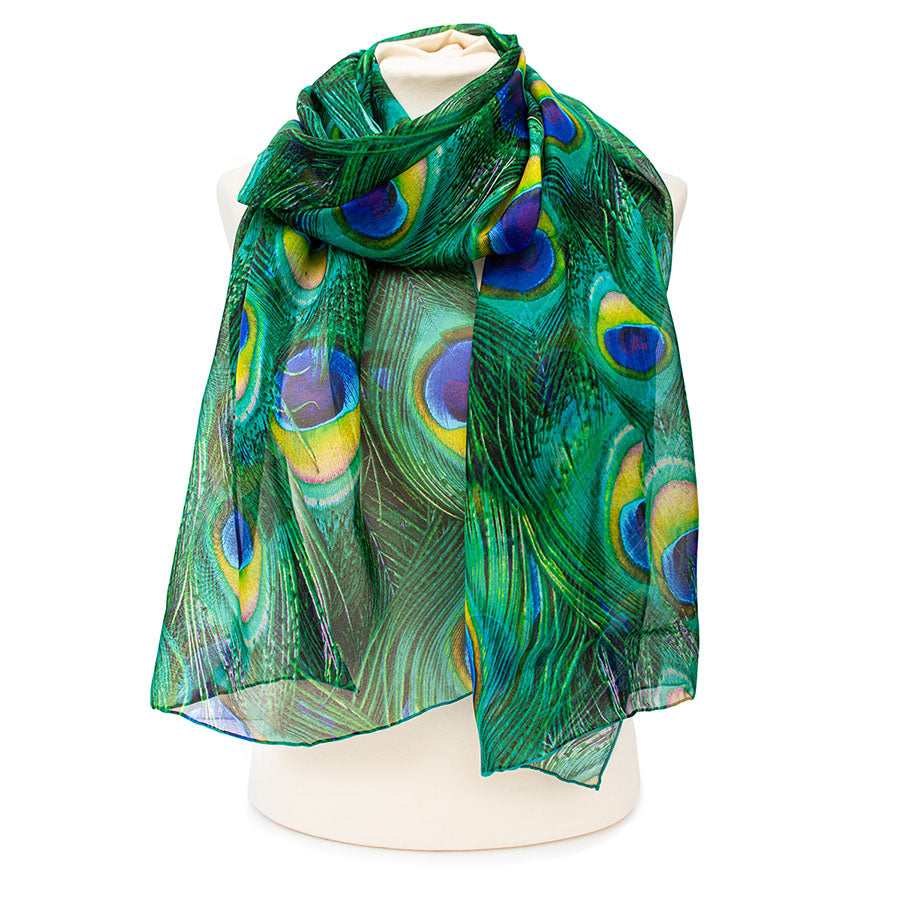 Peacock Feathers Teal Silk Chiffon Scarf