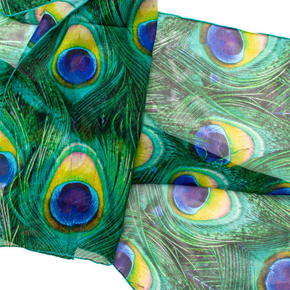 Peacock Feathers Teal Silk Chiffon Scarf - Detail