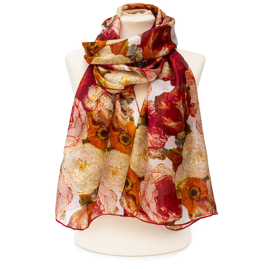 16th Century Red Flowers Silk Habotai Scarf