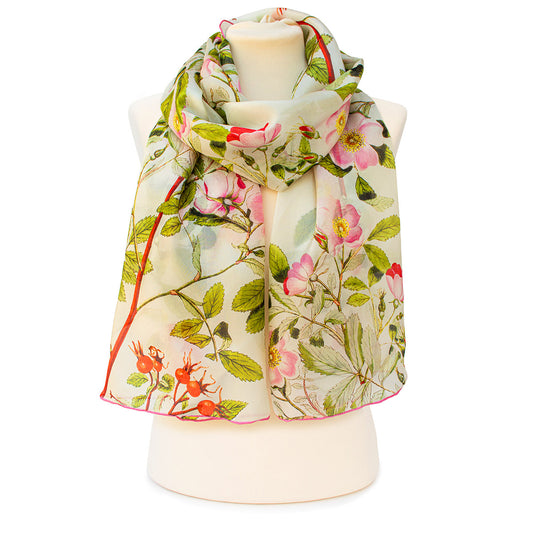 Botanical Pink Rose Habotai Scarf - Style 1