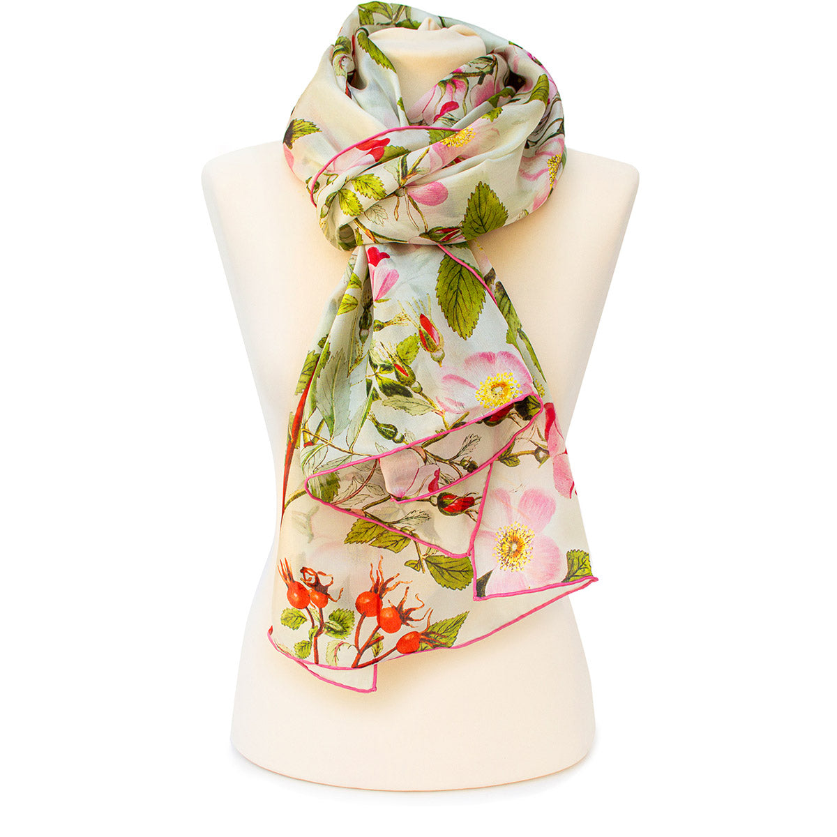 Botanical Pink Rose Habotai Scarf - Style 2