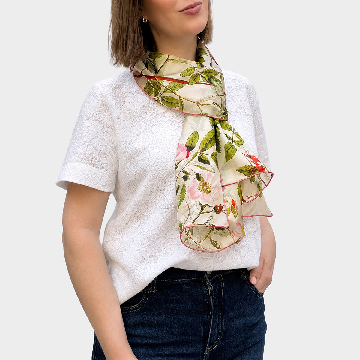 Botanical Pink Rose Habotai Scarf - With Model