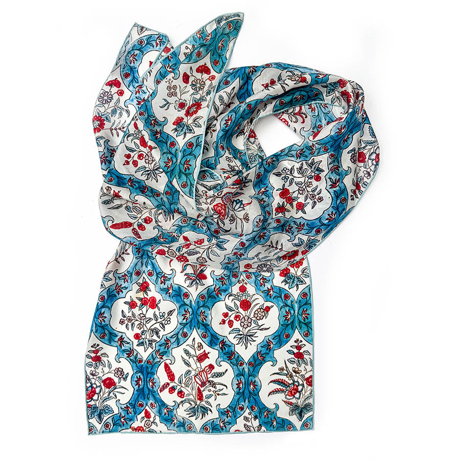 Indian Blue Floral Silk Habotai Scarf