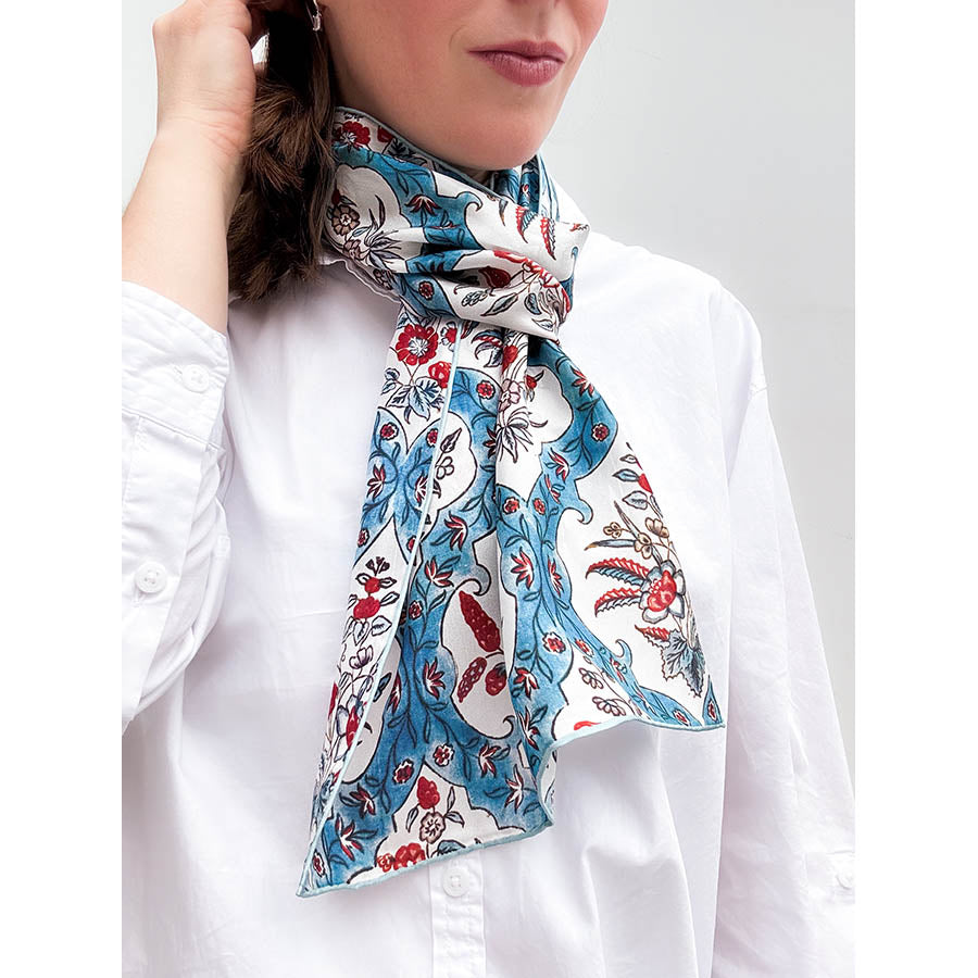 Indian Blue Floral Silk Habotai Scarf