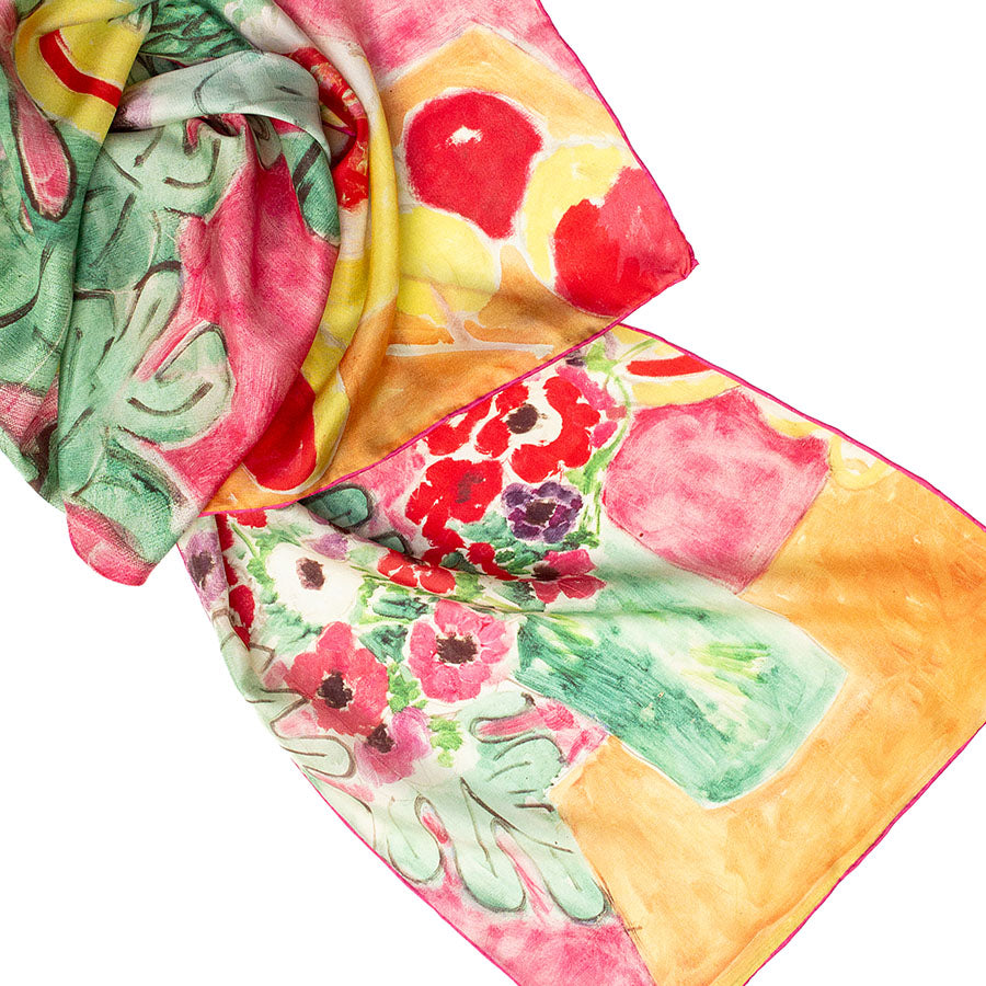 Matisse Pineapple & Flowers Silk Habotai Scarf - Detail