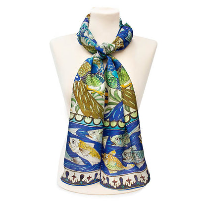 De Morgan Peacock & Fishes Silk Habotai Scarf - Style 1