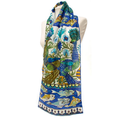 De Morgan Peacock & Fishes Silk Habotai Scarf - Style 3