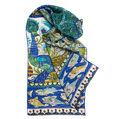 De Morgan Peacock & Fishes Silk Habotai Scarf - Detail