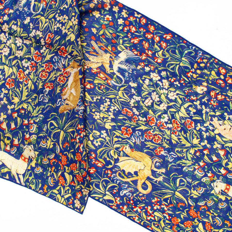 Medieval Cluny Blue Silk Habotai Scarf - Detail