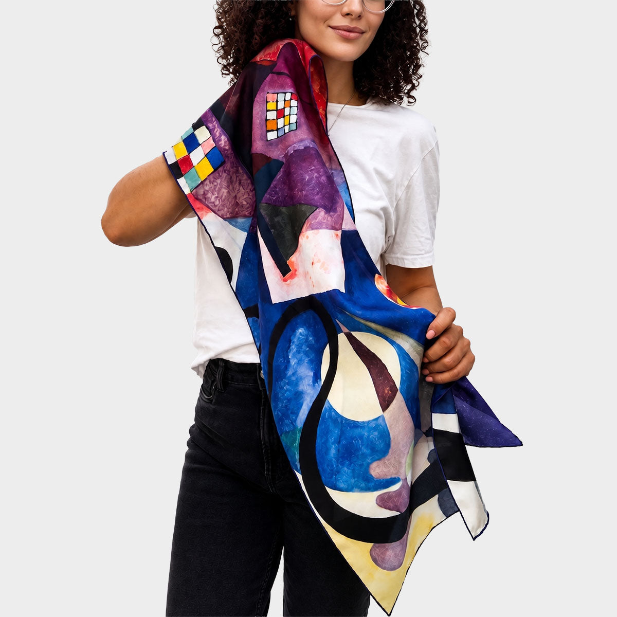 Kandinsky Colour Cubes Silk Habotai Scarf - With Model