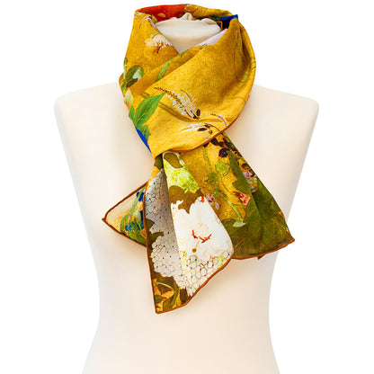 Asian Iris & Blossom Silk Habotai Scarf - Style 3