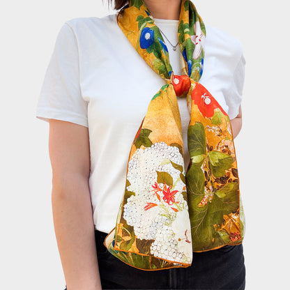 Asian Iris & Blossom Silk Habotai Scarf with Model