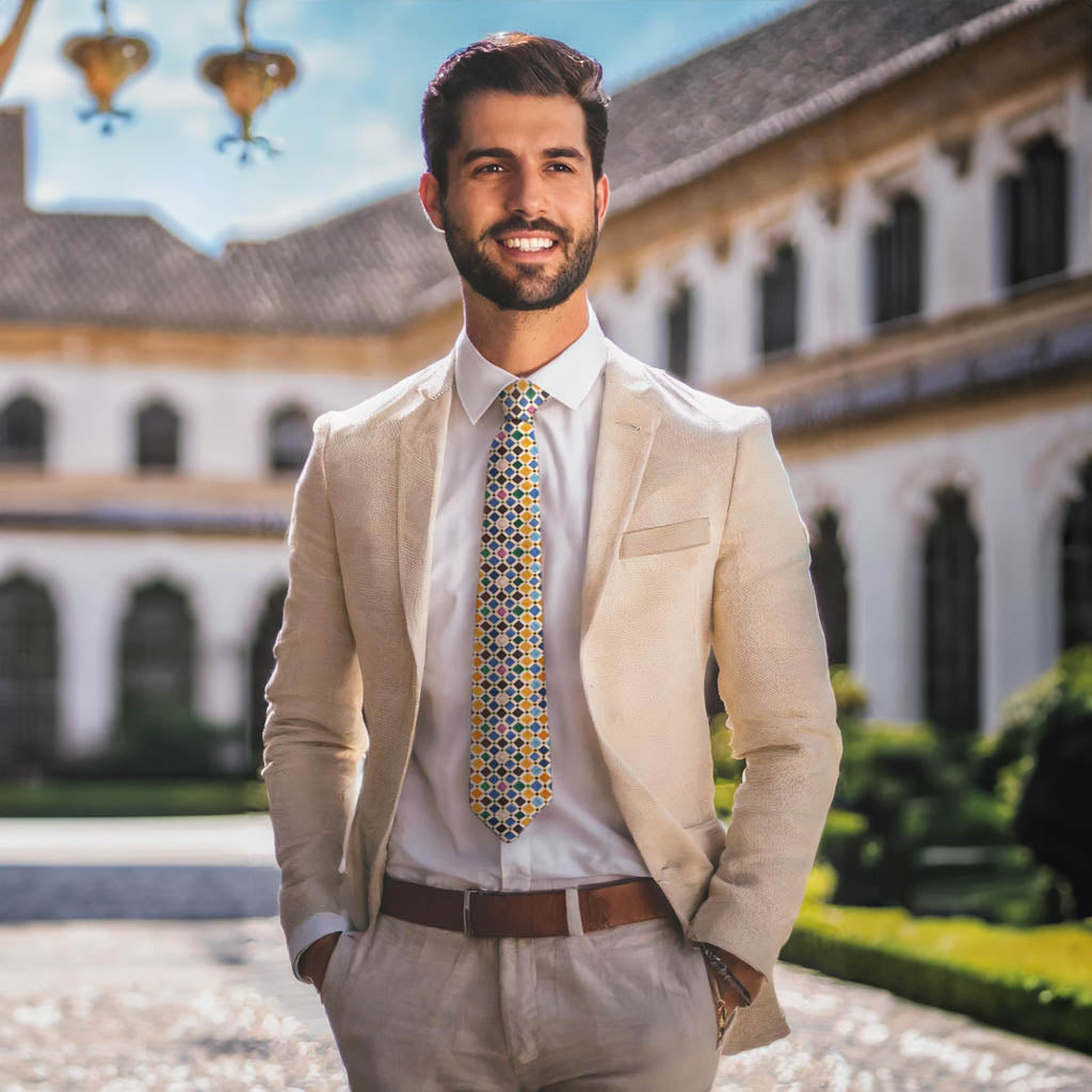 Alhambra Tiles Silk Tie with model