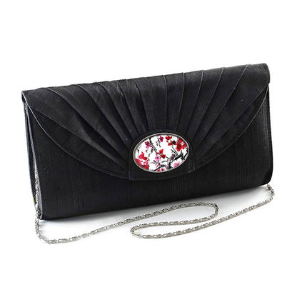 Black Silk Cameo Clutch Bag with Cherry Blossom Cameo