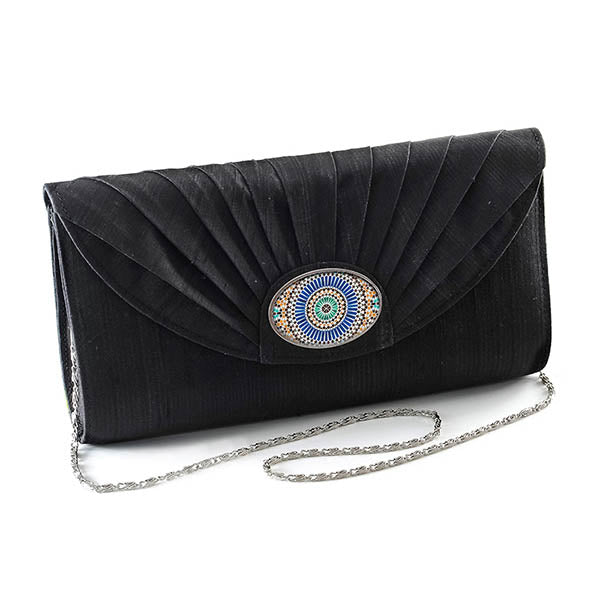 Black Silk Cameo Clutch Bag with Moroccan Tile Cameo