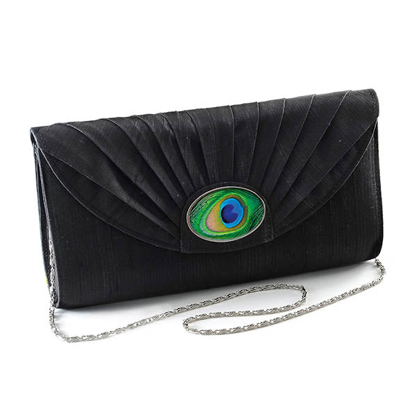 Black Silk Cameo Clutch Bag with Peacock Feather Cameo