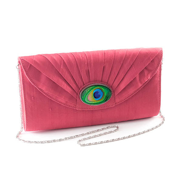 Pink Silk Cameo Clutch Bag with Peacock Feather Cameo
