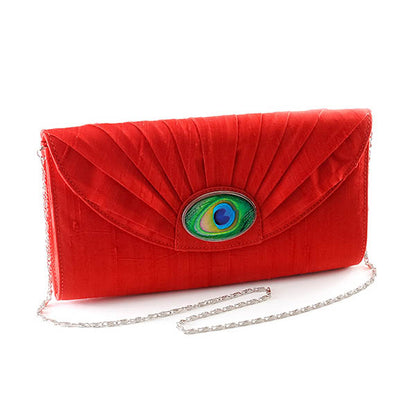 Red Silk Cameo Clutch Bag with Peacock Feather Cameo