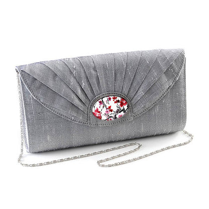 Silver  Silk Cameo Clutch Bag with Cherry Blossom Cameo