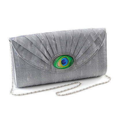 Silver Silk Cameo Clutch Bag with Peacock Feather Cameo