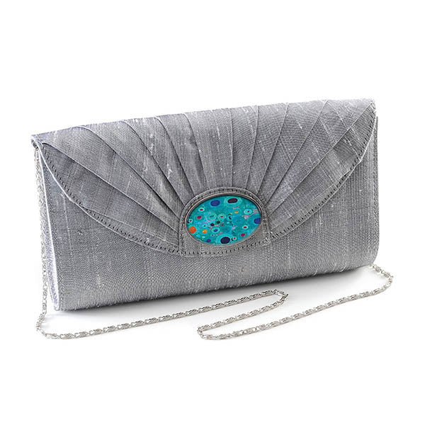 Silver Silk Cameo Clutch Bag with Turquoise Klimt Cameo