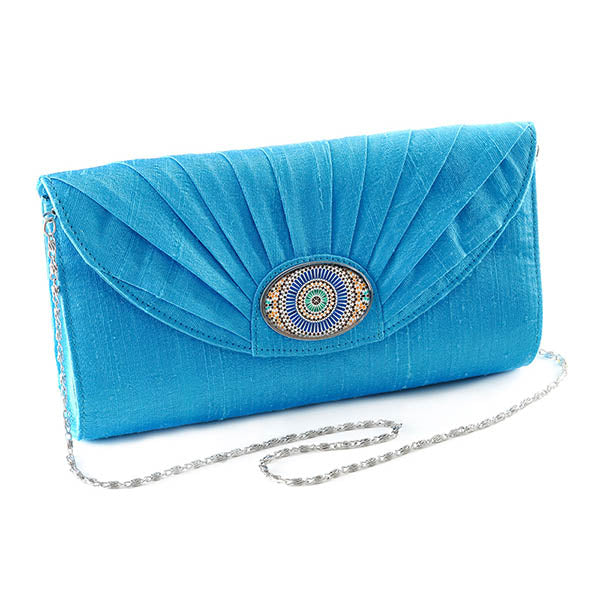 Turquoise Silk Cameo Clutch Bag with Moroccan Tile Cameo