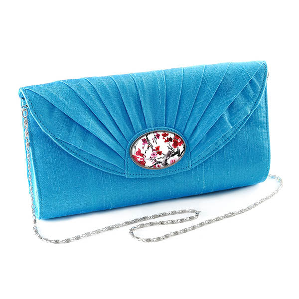 Turquoise Silk Cameo Clutch Bag with Cherry Blossom Cameo