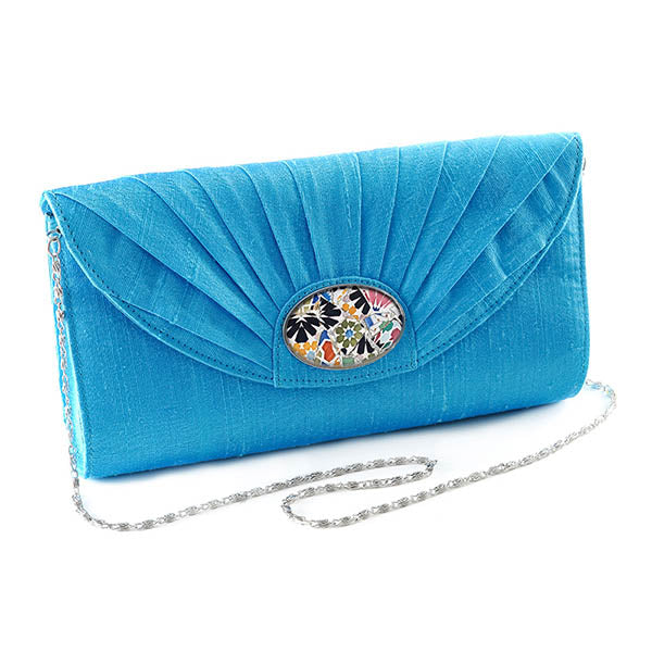 Turquoise Silk Cameo Clutch Bag with Gaudi Mosaic Cameo