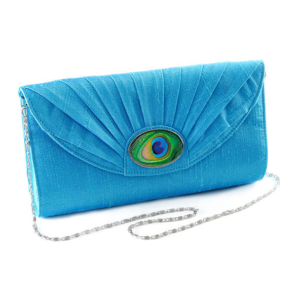 Turquoise Silk Cameo Clutch Bag with Peacock Feather Cameo